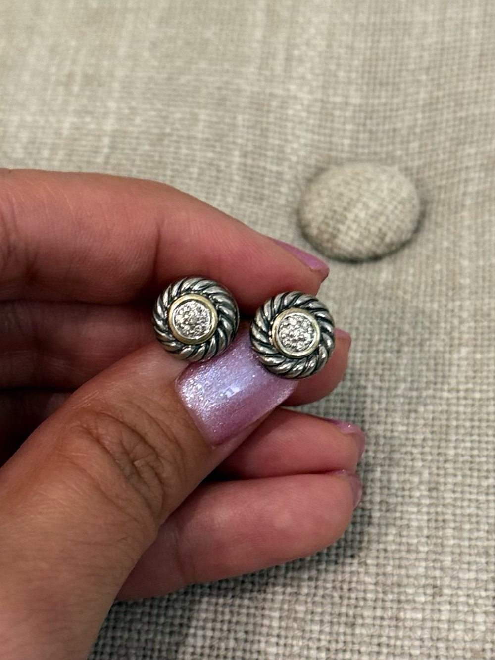 David Yurman • sterling silver 925 and 18k gold • pave diamond stud earrings